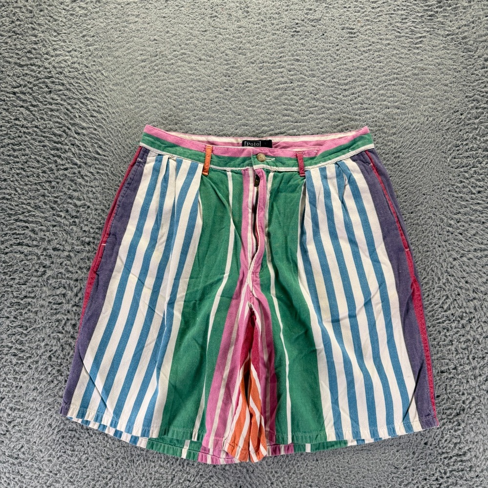 Vintage Polo Ralph Lauren Shorts Men's 30 Green Striped Cotton Chino Made USA
